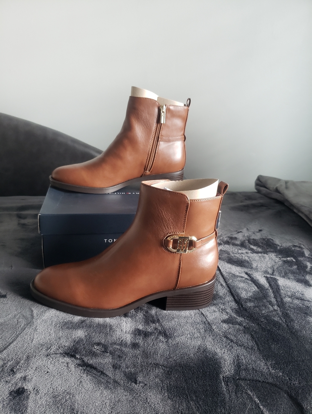Tommy Hilfiger Tan Ankle Booties with Gold Buckle